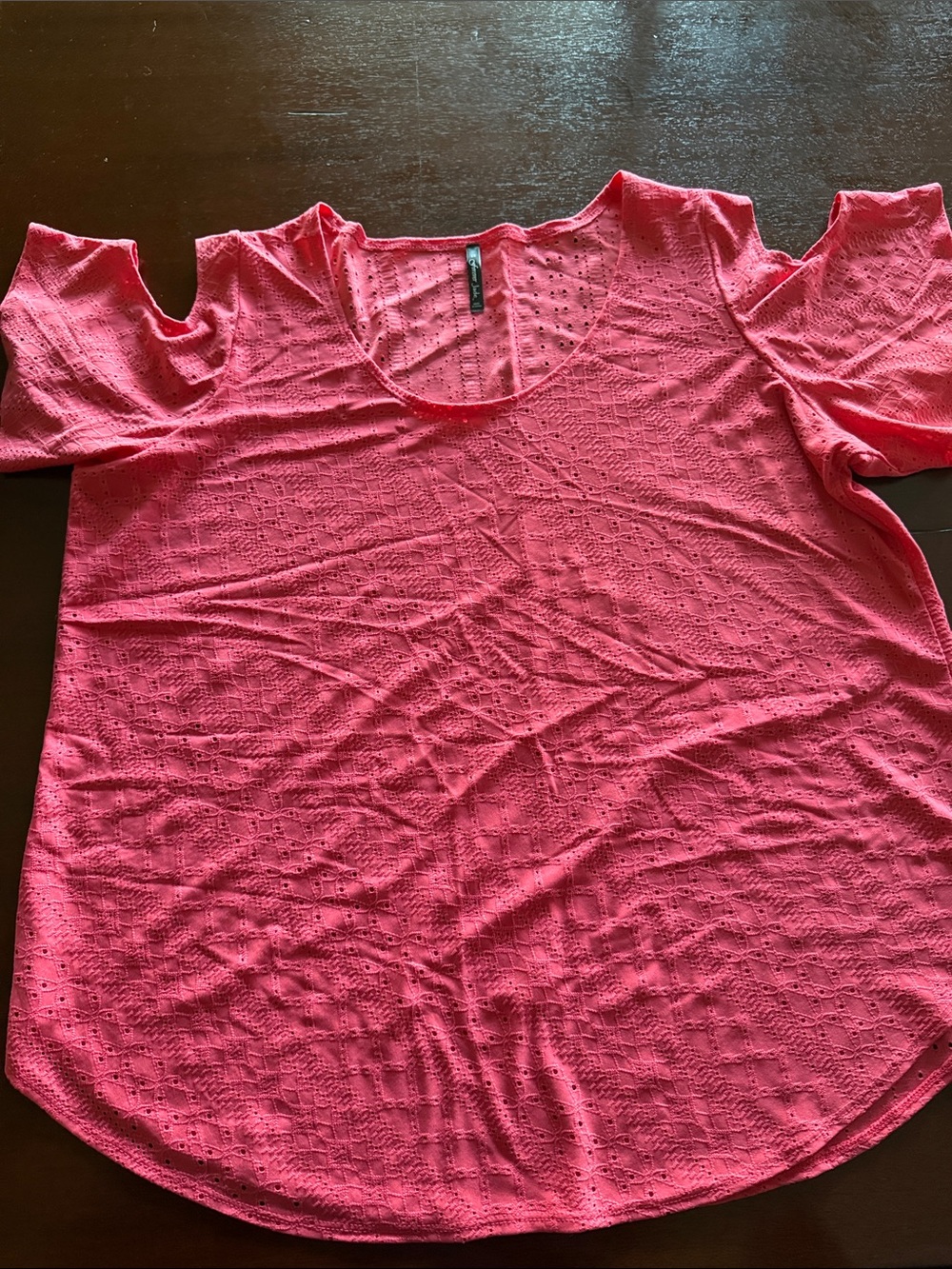 Cold-Shoulder Eyelet Knit Tee in Coral Pink
